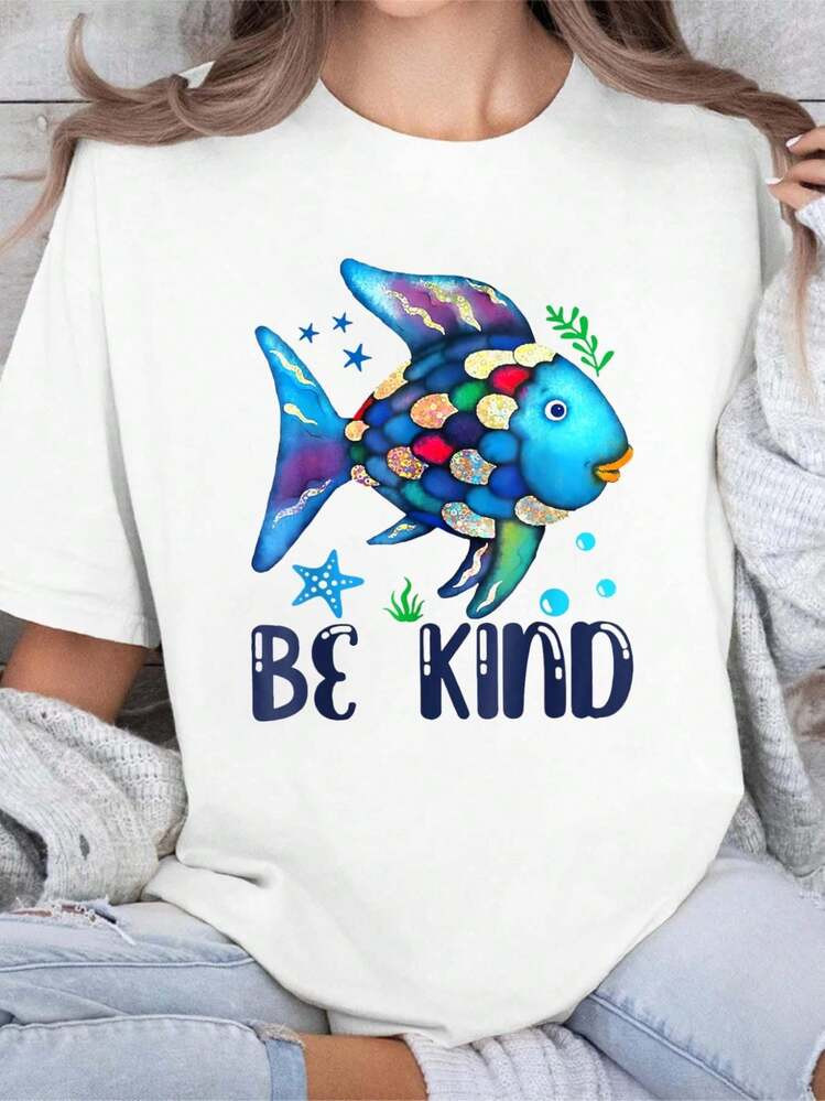 100% Cotton Summer Clothes Be Kind Rainbow Fish Teacher Life Teacher Back To School T-Shirt Summe... | SHEIN