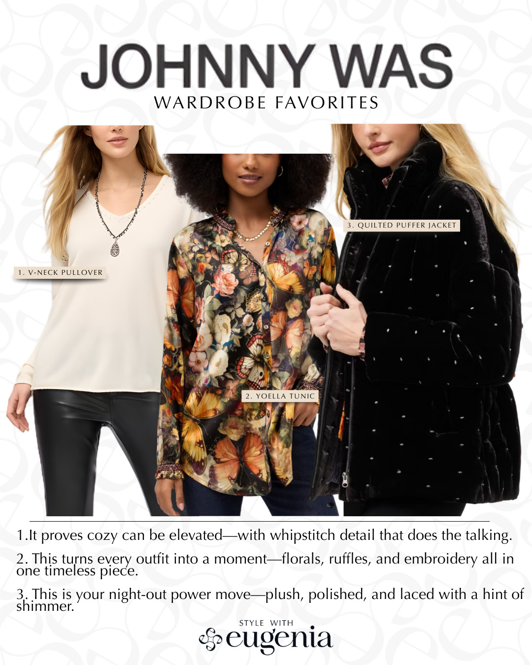 Johnny Was is one of those brands that instantly makes an outfit feel special. This edit is all about cozy pieces with just enough detail to do the heavy lifting—soft cashmere, beautiful prints, and a statement puffer that turns even jeans into a look. These are the kinds of pieces you reach for when you want comfort and compliments. 🤍 

 #LTKGiftGuide #LTKHoliday #LTKootd
