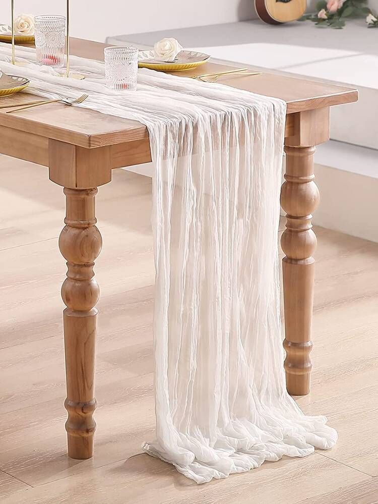 Solid Crumpled Table Runner, White Simple Polyester Table Decoration Mesh For Dining Table | SHEIN