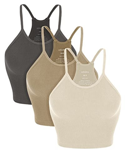 ODODOS Women's Crop 3-Pack Seamless Rib-Knit Camisole Crop Tank Tops, Mushroom Taupe Charcoal, Medium/Large | Amazon (US)