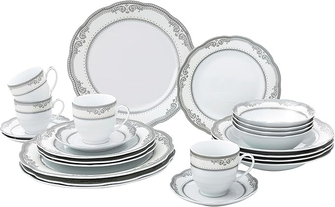 Lorren Home Trends Victoria-24 24 Piece Victoria Design Porcelain Wavy Edge Dinnerware Set, White | Amazon (US)