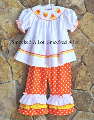 Smocked A Lot Girls Candy Corn Halloween Fall Orange Pumpkin Pants Set Outfit | eBay US