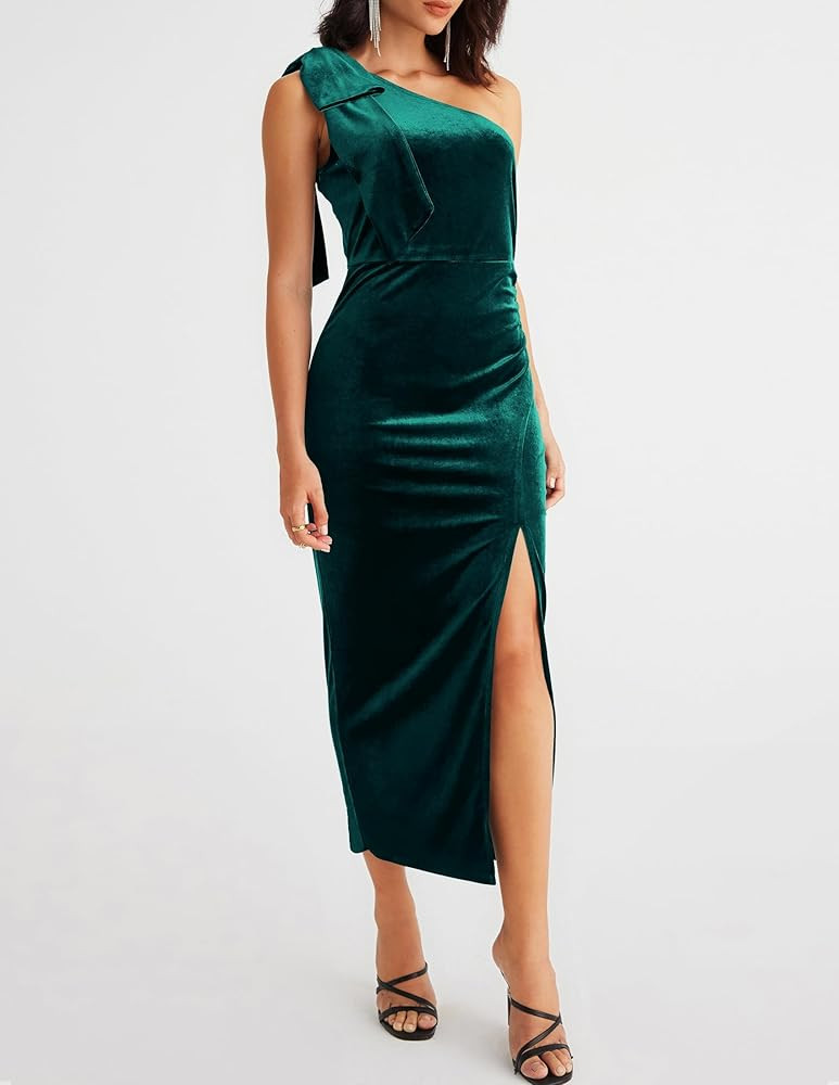 MEROKEETY Women's One Shoulder Velvet Maxi Dress Sleeveless Ruched Bodycon Slit Formal Wedding Guest | Amazon (US)