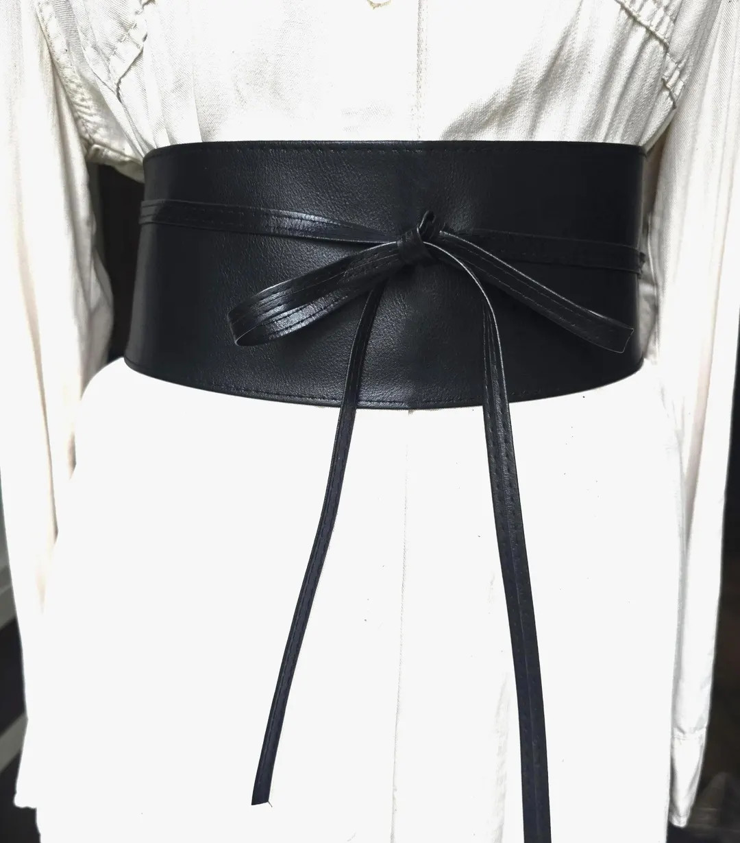 Vintage Extra Wide Eco-Leather obi belt, black Waist belt with stripes ,Corset boho belt, Soft Ec... | Etsy (US)