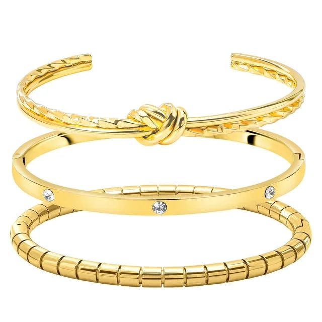Minimalistic 3 Pcs Assorted Bangle Bracelets, Yellow Gold Plated Stackable Bracelets for Women, K... | Walmart (US)