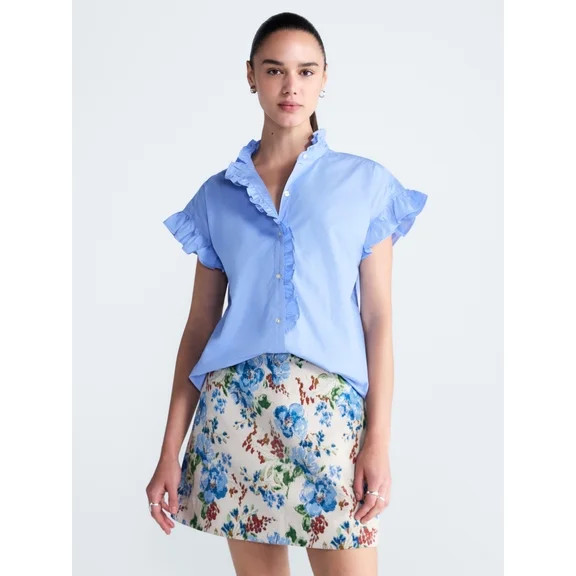 Free Assembly Women's and Women's Plus Ruffle Trim Neck Top with Short Sleeves, Sizes XS-4X | Walmart (US)