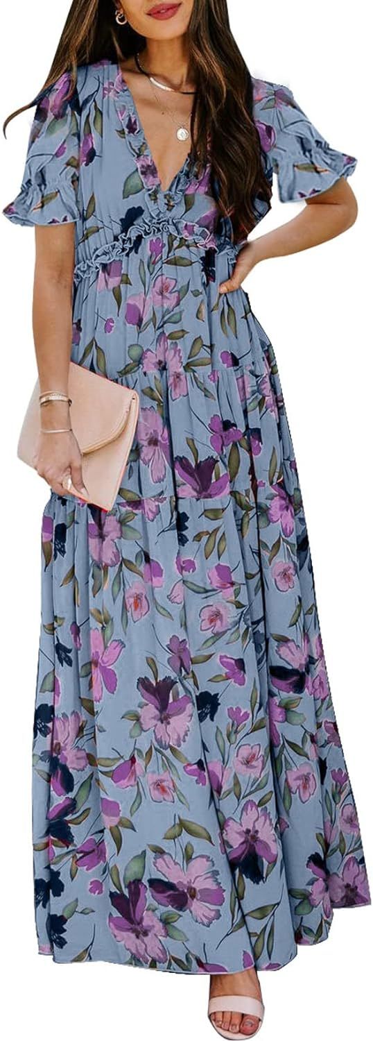 BLENCOT Womens Casual Boho Floral V Neck Loose Short Sleeve Long Dress Ruched Maxi Dress | Amazon (US)