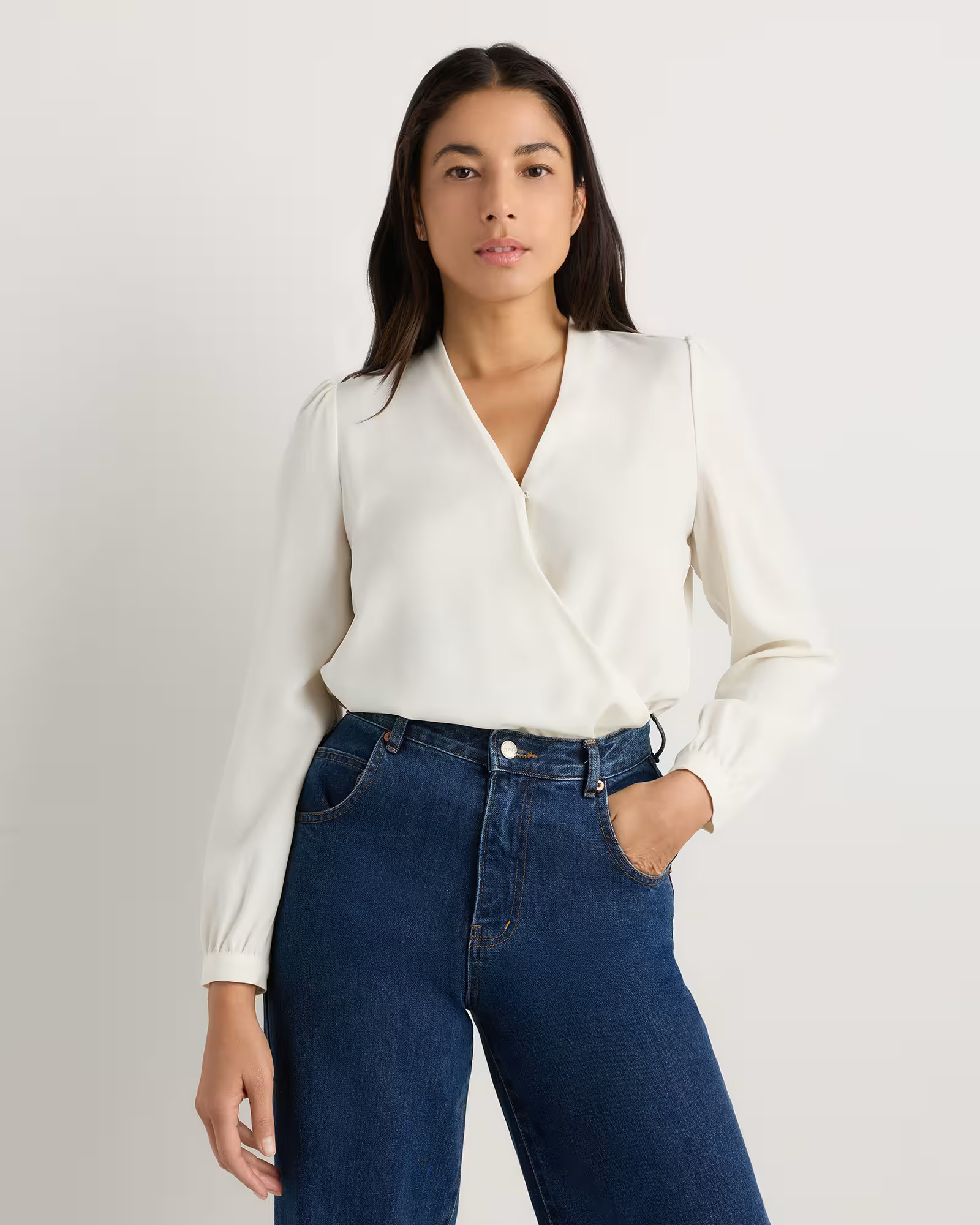 Fluid Crepe Surplice Long Sleeve Blouse | Quince