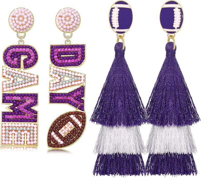 2/3 Pairs Game Day Earrings for Women Beaded Football Earrings Sports Tassel Earrings Game Day Ou... | Amazon (US)