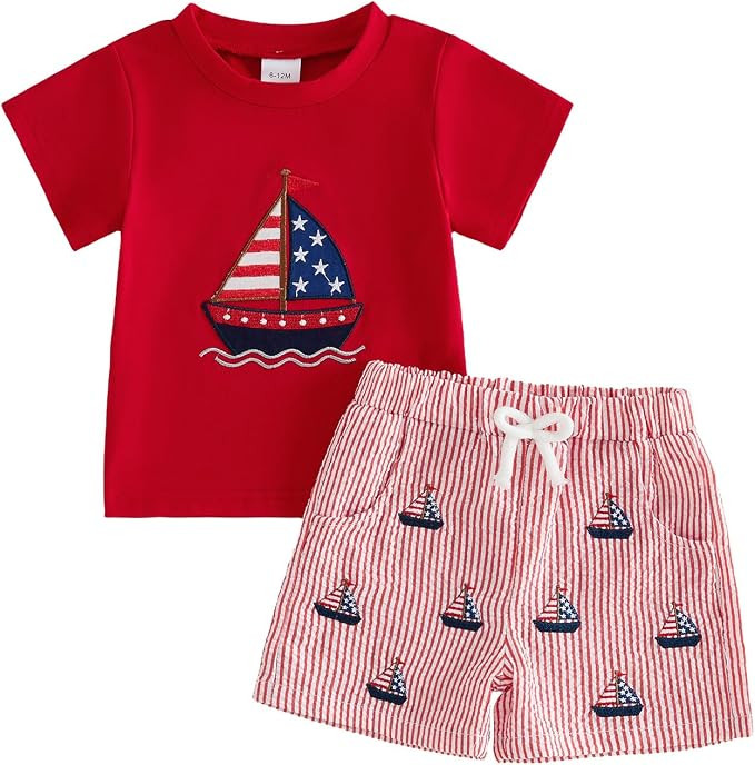 Toddler Boy Summer Set Ocean Animals Embroidery T Shirt Striped Shorts Infant Boys Sea Life Cloth... | Amazon (US)