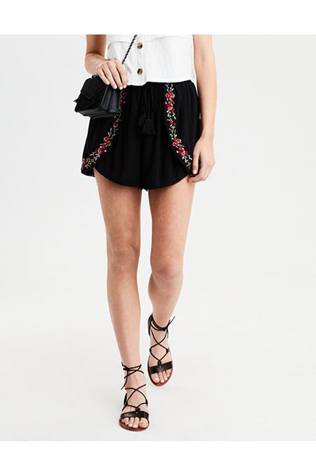 AE Embroidered Tie Front Runner Short | American Eagle Outfitters (US & CA)
