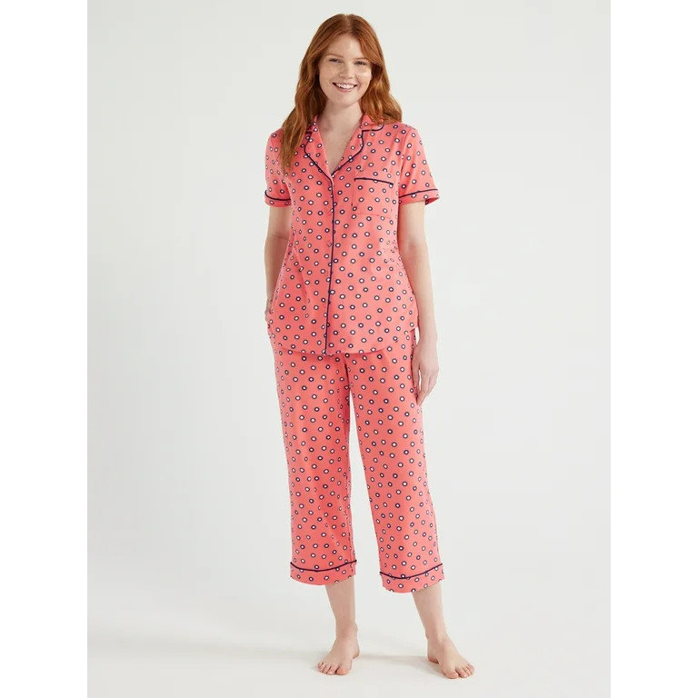 Joyspun Women's Knit Notch Collar Top and Capri Pants Pajama Set, 2-Piece, Sizes S to 3X | Walmart (US)