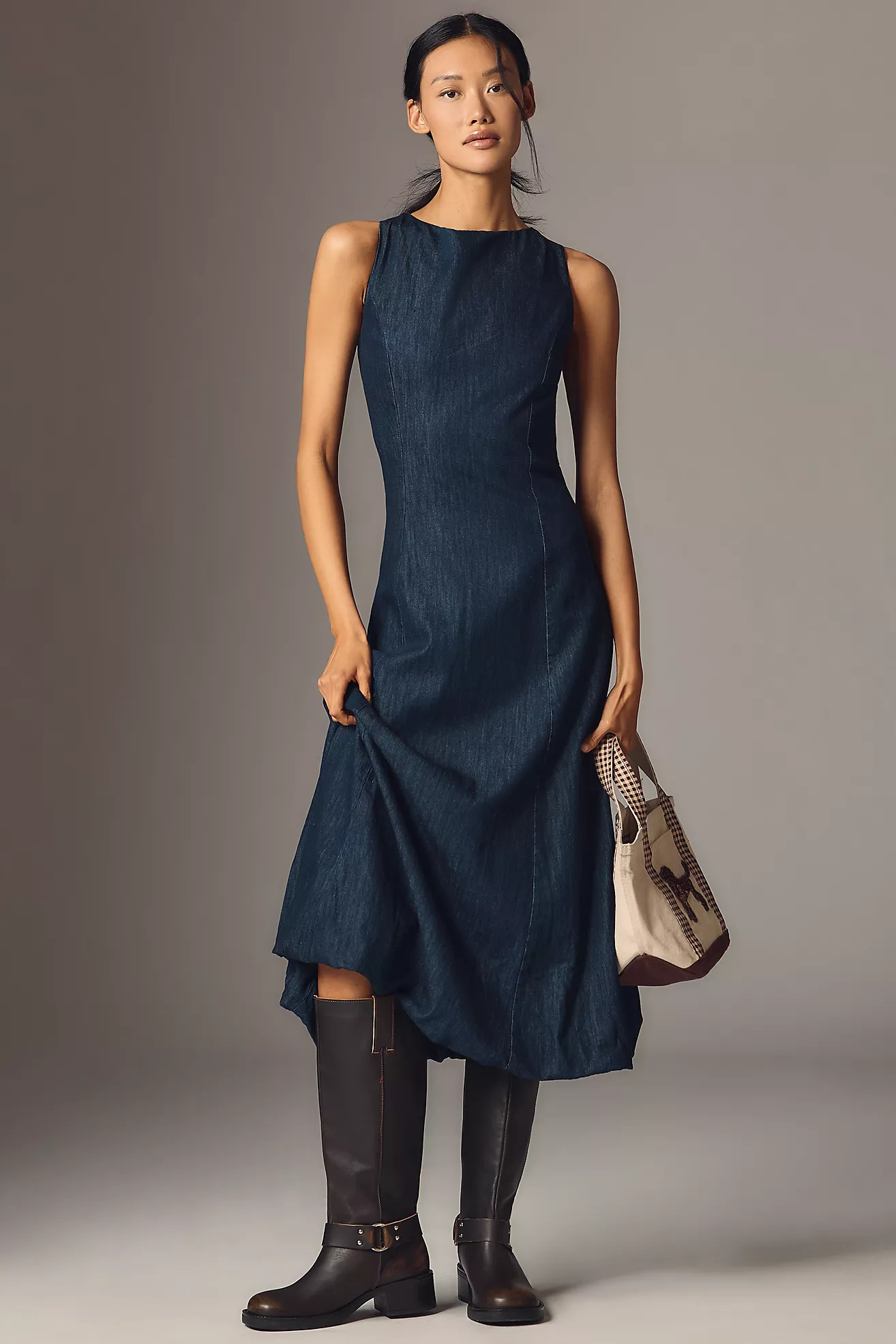 By Anthropologie Boat-Neck Denim Bubble Midi Dress | Anthropologie (US)