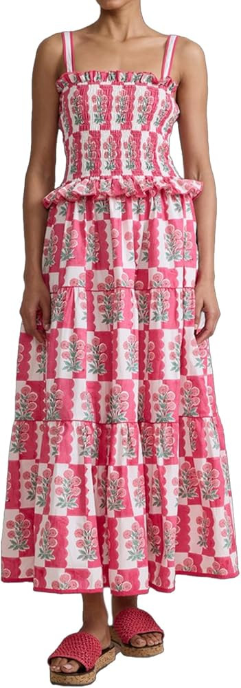 Women Floral Maxi Dress Sleeveless Smocked Ruffle Flowy Boho Sundress with Pockets Summer Vacatio... | Amazon (US)