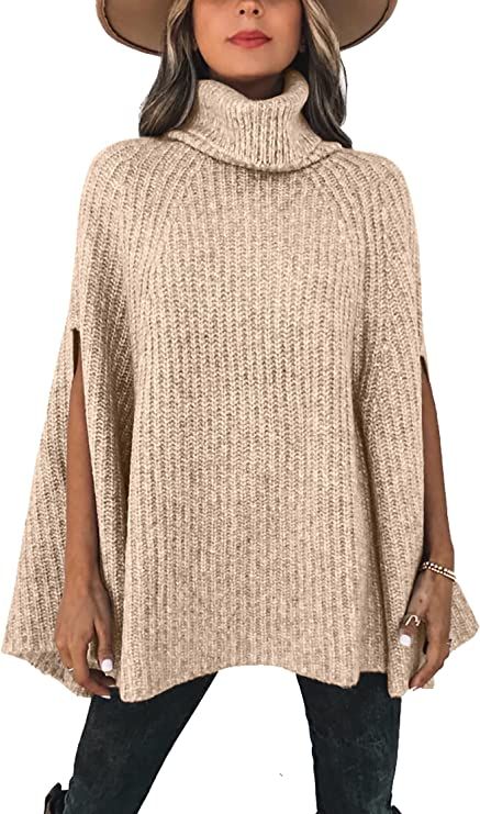 Amazon.com: KIRUNDO 2023 Women's Fall Winter Turtleneck Poncho Sweater Fashion Chunky Knit Cape W... | Amazon (US)
