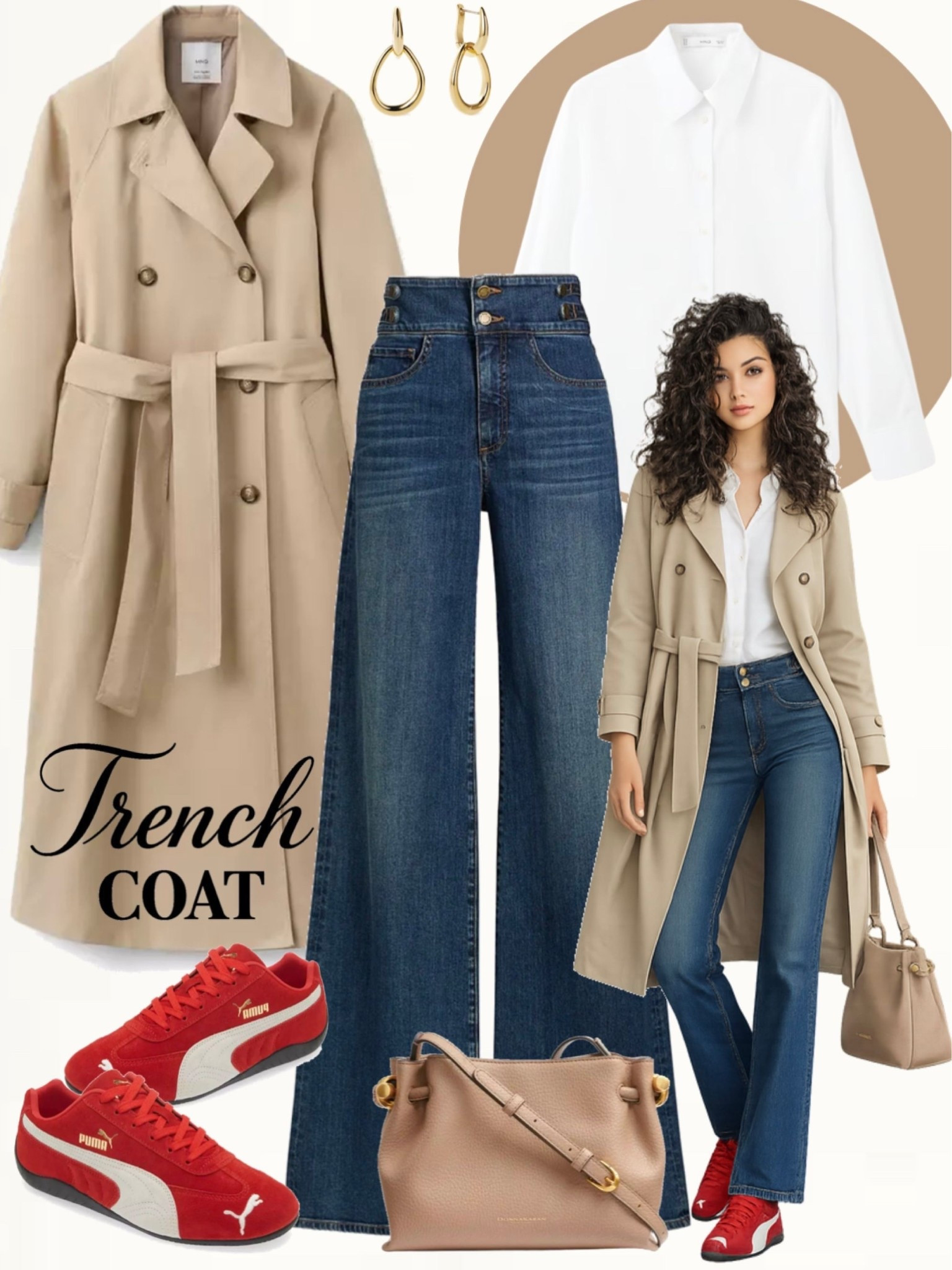 Classic beige trench coat layered over a crisp white button-up shirt and high-waisted dark blue straight-leg jeans. Styled with red suede sneakers for a pop of color, a neutral beige shoulder bag, and gold hoop earrings.
#casualchic #springstyle #everydayoutfit

#LTKootd #LTKSeasonal #LTKOver40