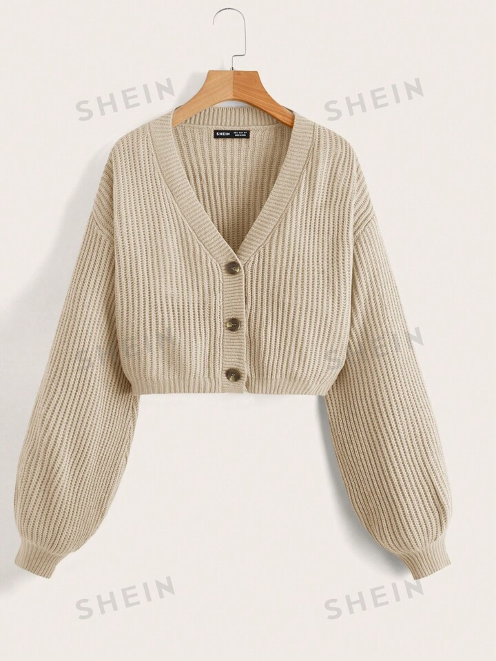 SHEIN EZwear Cardigan mit Laternenärmeln, Knopf vorne, Rippenstrick | SHEIN