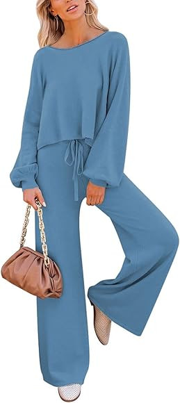 Pink Queen Women's 2 Piece Outfit Sweater Set Long Sleeve Crop Knit Top and Wide Leg Long Pants S... | Amazon (US)