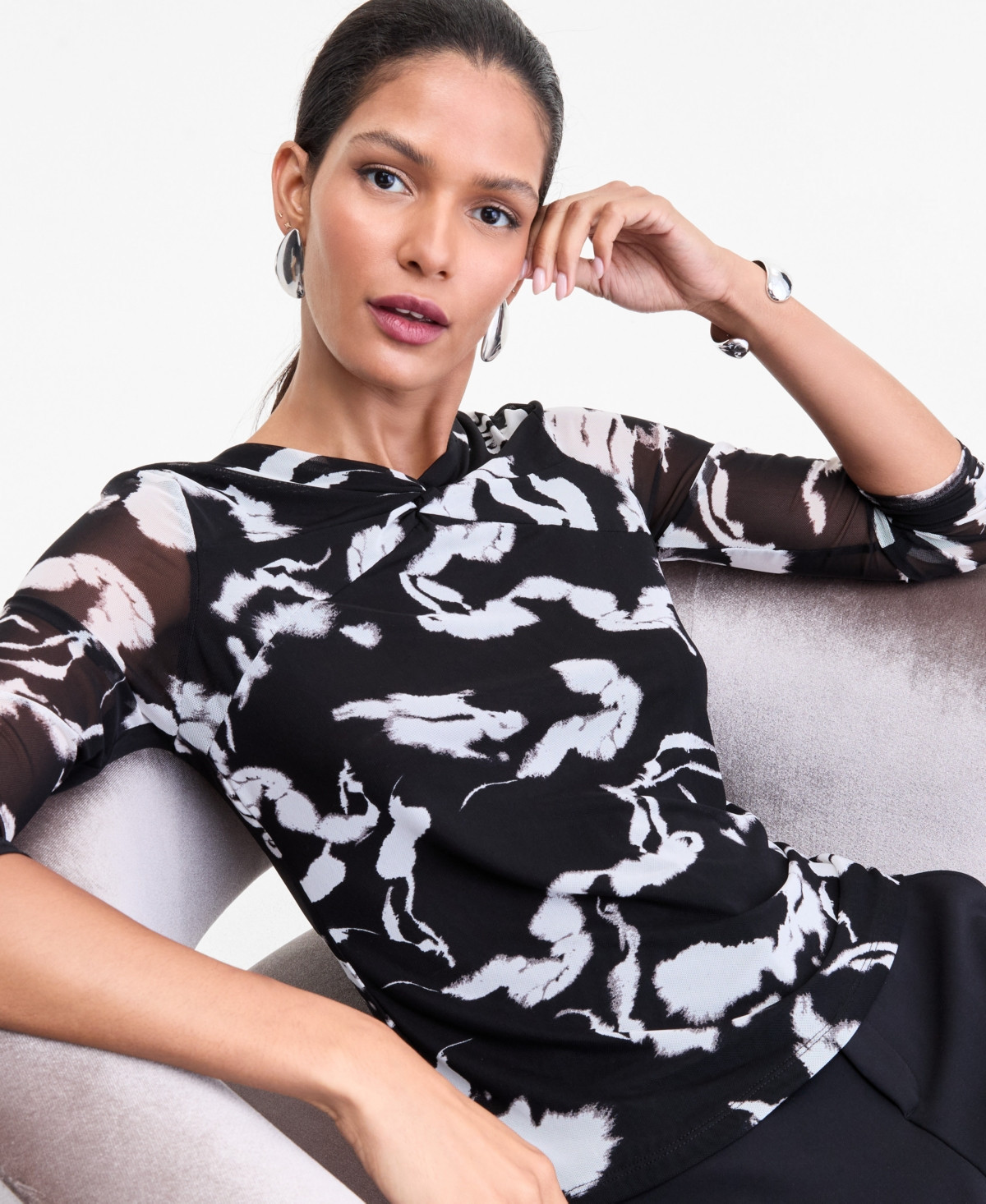 I.n.c. International Concepts Women's Twist-Neck Printed Mesh Top, Macy's Exclusive - Dahlia Black | Macy's