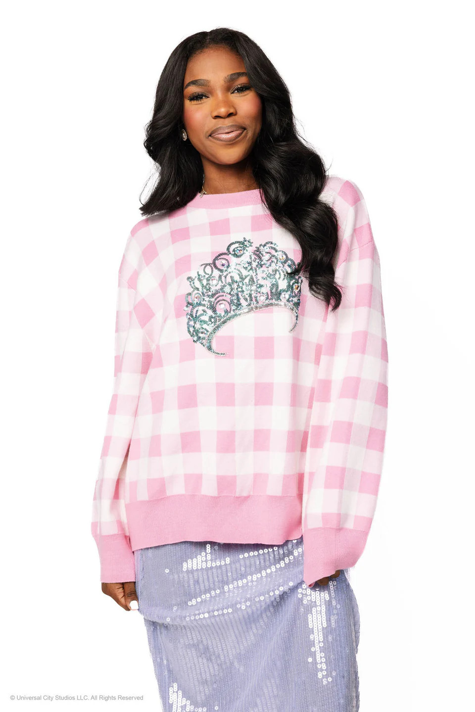 Licensed Pink Gingham Glinda Crown Sweater | Queen of Sparkles