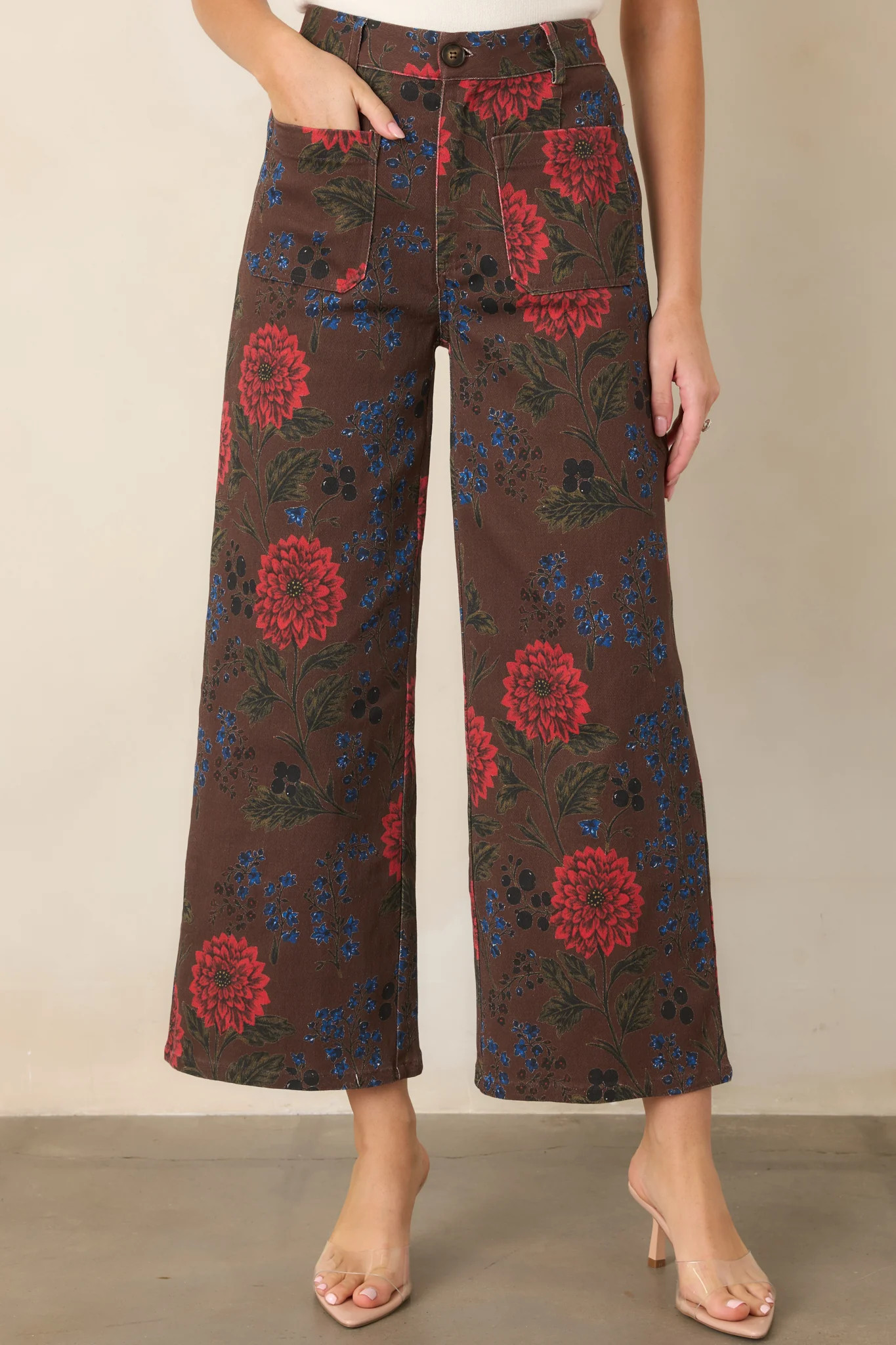 Picked for a Reason Brown Multi Floral Cotton Cropped Wide Leg Pants | Red Dress