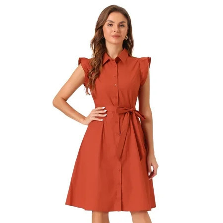 DARING DIVA Ruffled Sleeve Button Down Belted Knee Length Shirt Dress M Burnt Orange | Walmart (US)