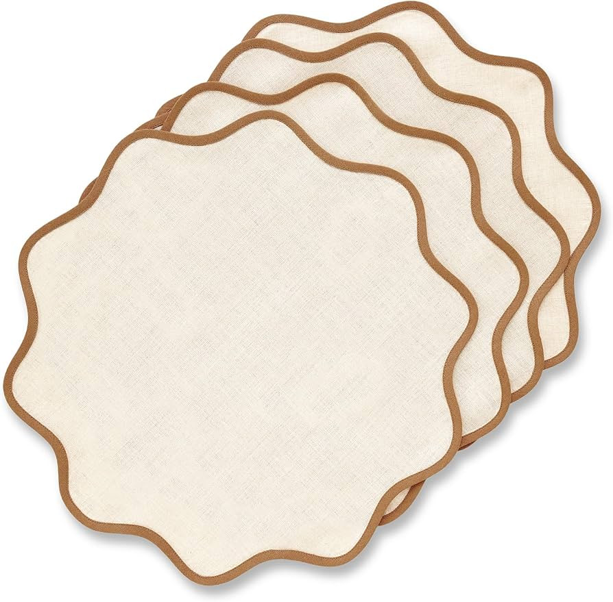 Solino Home Scallop Linen Placemats Set of 4-100% Pure Linen Brown Sugar and Natural Round Cloth ... | Amazon (US)