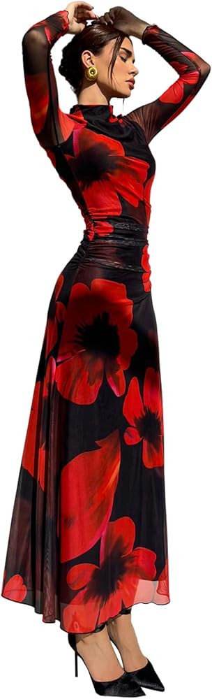 Verdusa Women's Floral Slimming Wedding Guest Dress Long Sleeve Holiday Maxi Dresses | Amazon (US)