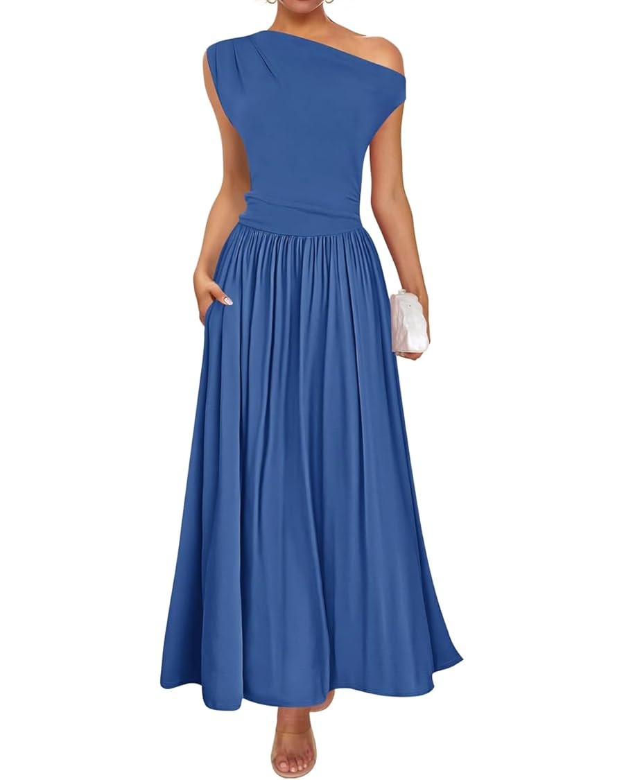 ZESICA Women's Summer 2025 Sleeveless Maxi Dress One Shoulder Casual Slim Swing Pleated Formal Dr... | Amazon (US)