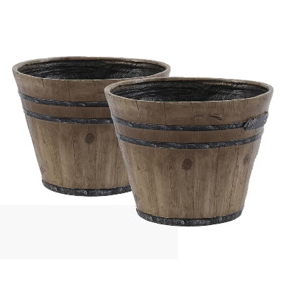 LuxenHome Set of 2 Rustic Brown Faux Wood Barrel MgO Planters | Target