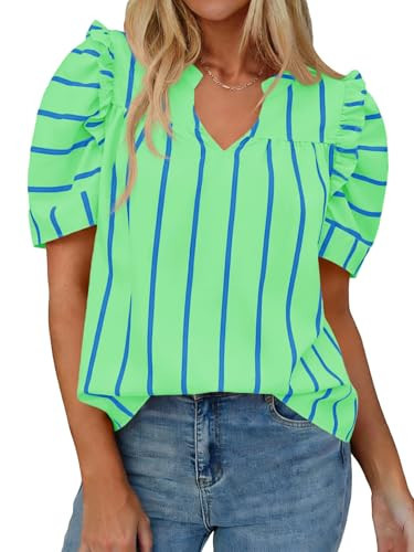 Tankaneo Womens Puff Sleeve Striped Blouses Dressy Casual V Neck Shirts Summer Trendy Loose Fit Tunic Tops Light Blue Green | Amazon (US)