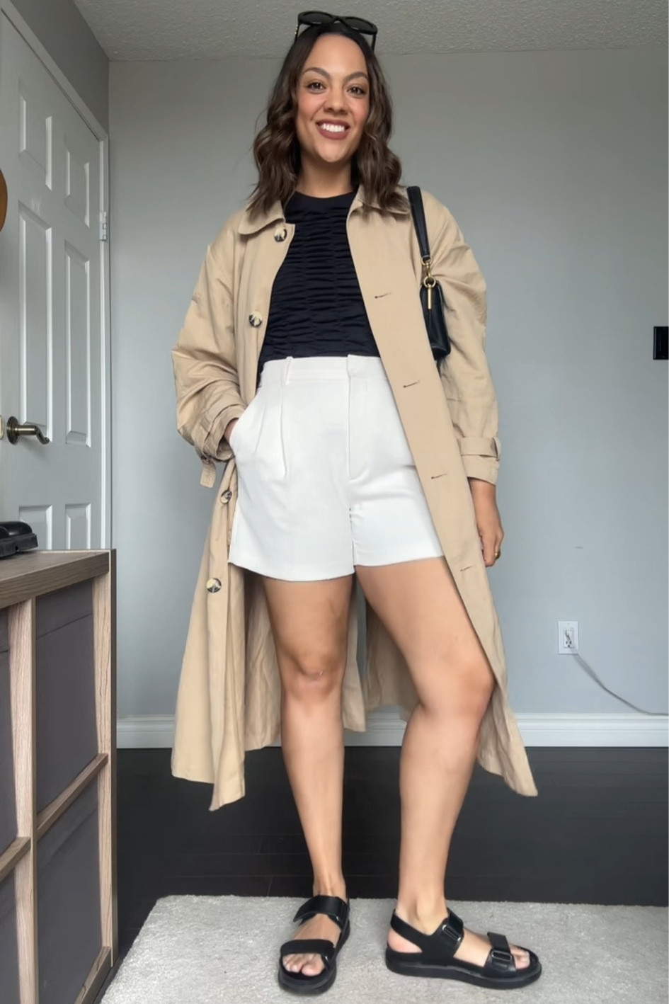 Summer outfit inspiration!

-Arket single breasted, beige trenchcoat, I have a size medium.
-Anthropologie ruched black fitted T-shirt. I have a size medium.
-Aritzia white tailored shorts, I have a size 10.
-Vagabond black utility sandals.
-Coach tabby 26 shoulder bag in black pebbled leather. 
-Celine Triomphe black rounded sunglasses  



#LTKstyletip #LTKsummer #LTKcanada