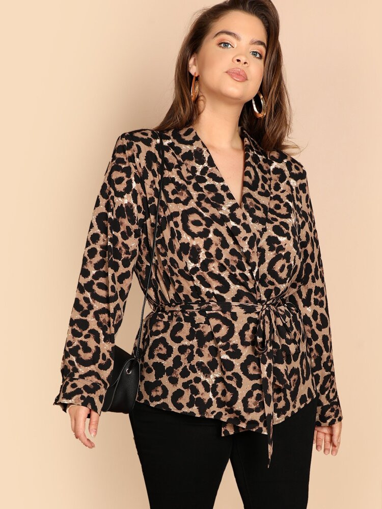 Plus Shawl Collar Belted Leopard Blazer | SHEIN
