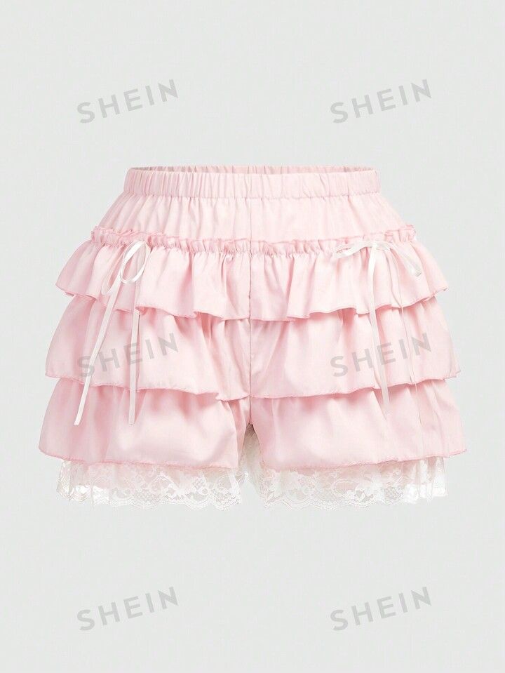 ROMWE Kawaii Plus Tie Front Contrast Lace Ruffle Trim Shorts | SHEIN