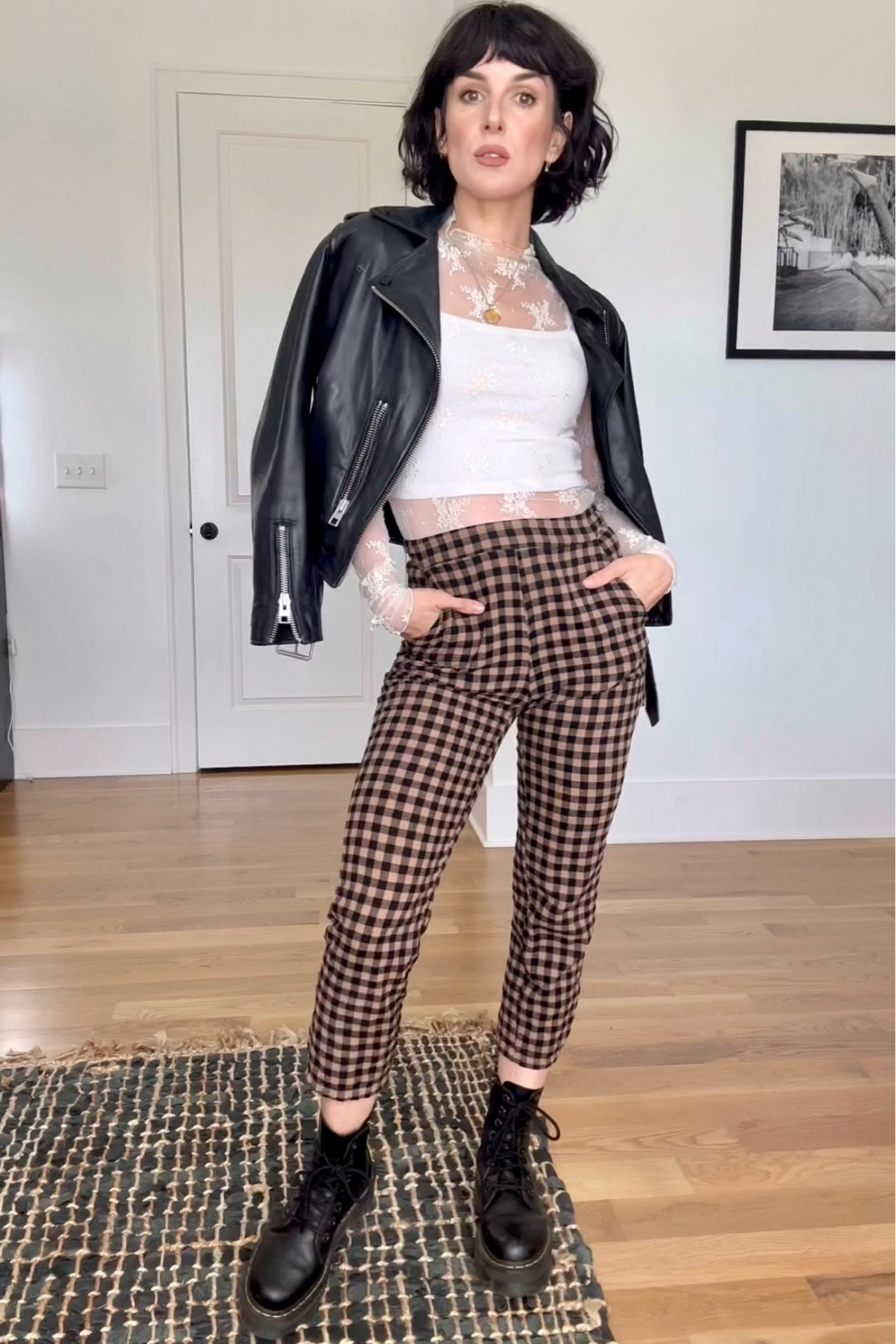 Fall outfit - Fall style - Fall Fashion - ootd - outfit inspo - style inspo - rock and roll style - leather jacket - biker jacket - plaid pants - printed pants - lace layering top - leather and lace - combat boots - dr martens - leather boots - fall boots 

#LTKSeasonal #LTKfindsunder50 #LTKstyletip