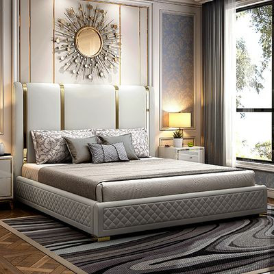 Modern Upholstered King Bed Polished Gold and Faux Leather Headboard Included-Homary | Homary