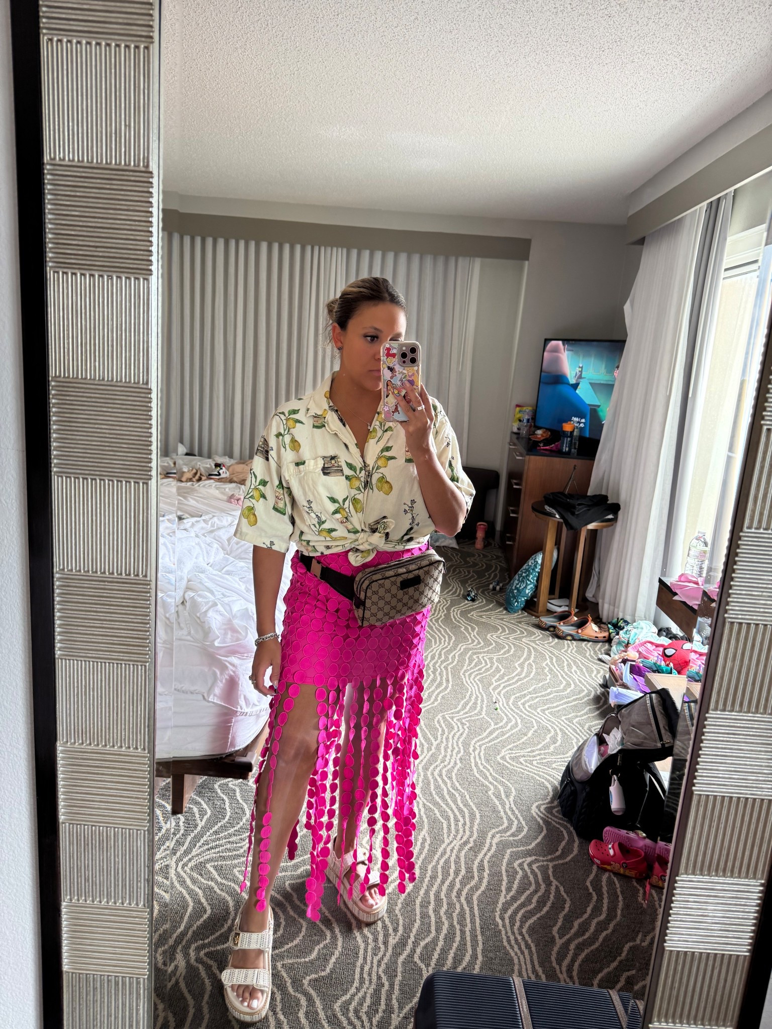 OOTn: pink skirt. vici collection. Vacation outfit. Waist bag. Vacation style. Tropical print shirt. 

#LTKFindsUnder100 #LTKxVICI