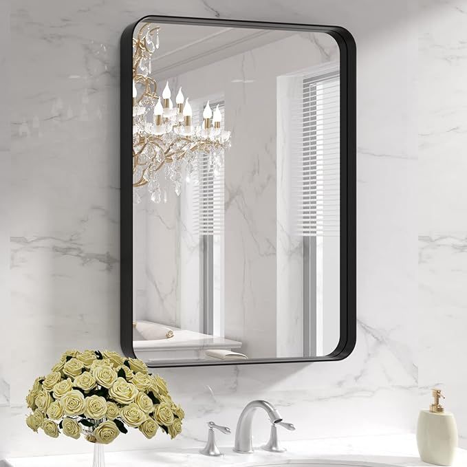 LOAAO Black Metal Framed Bathroom Mirror for Wall, 22X30 Inch Rounded Rectangle Mirror, Matte Bla... | Amazon (US)