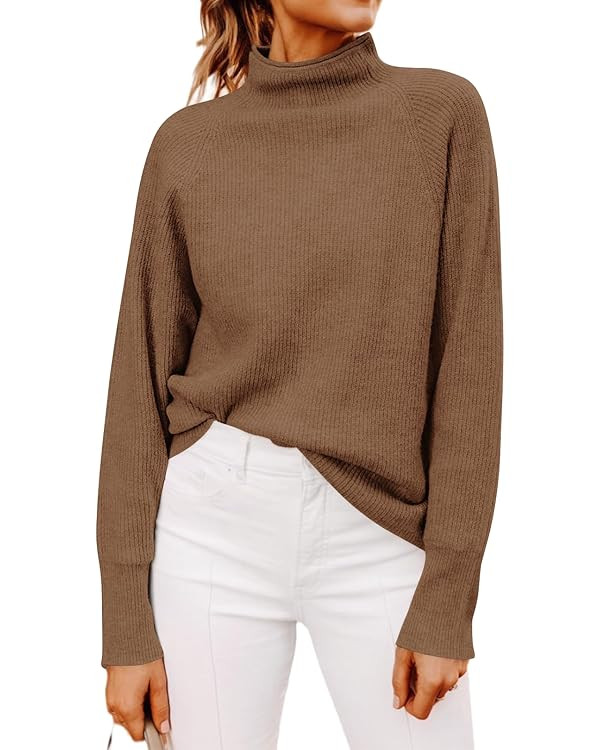 Yousify Womens Ribbed Mock Neck Batwing Sleeve Sweater Loose Knitted Pullover Sweaters Jumper Top... | Amazon (US)