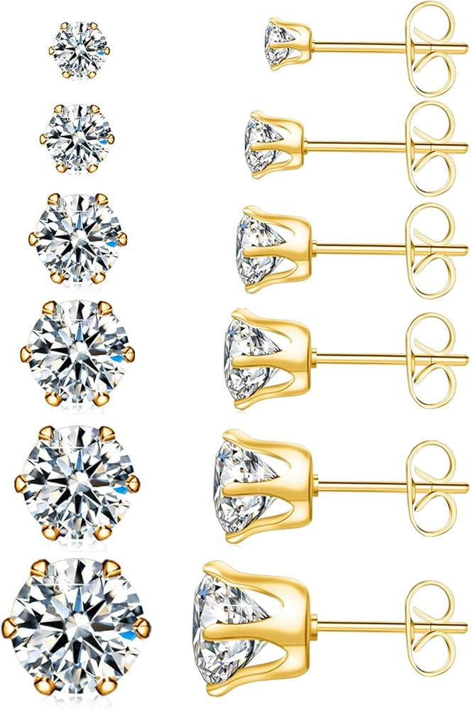UHIBROS 6 Pairs Stainless Steel Stud Earrings Set Hypoallergenic Cubic Zirconia 14K White Gold 31... | Amazon (US)