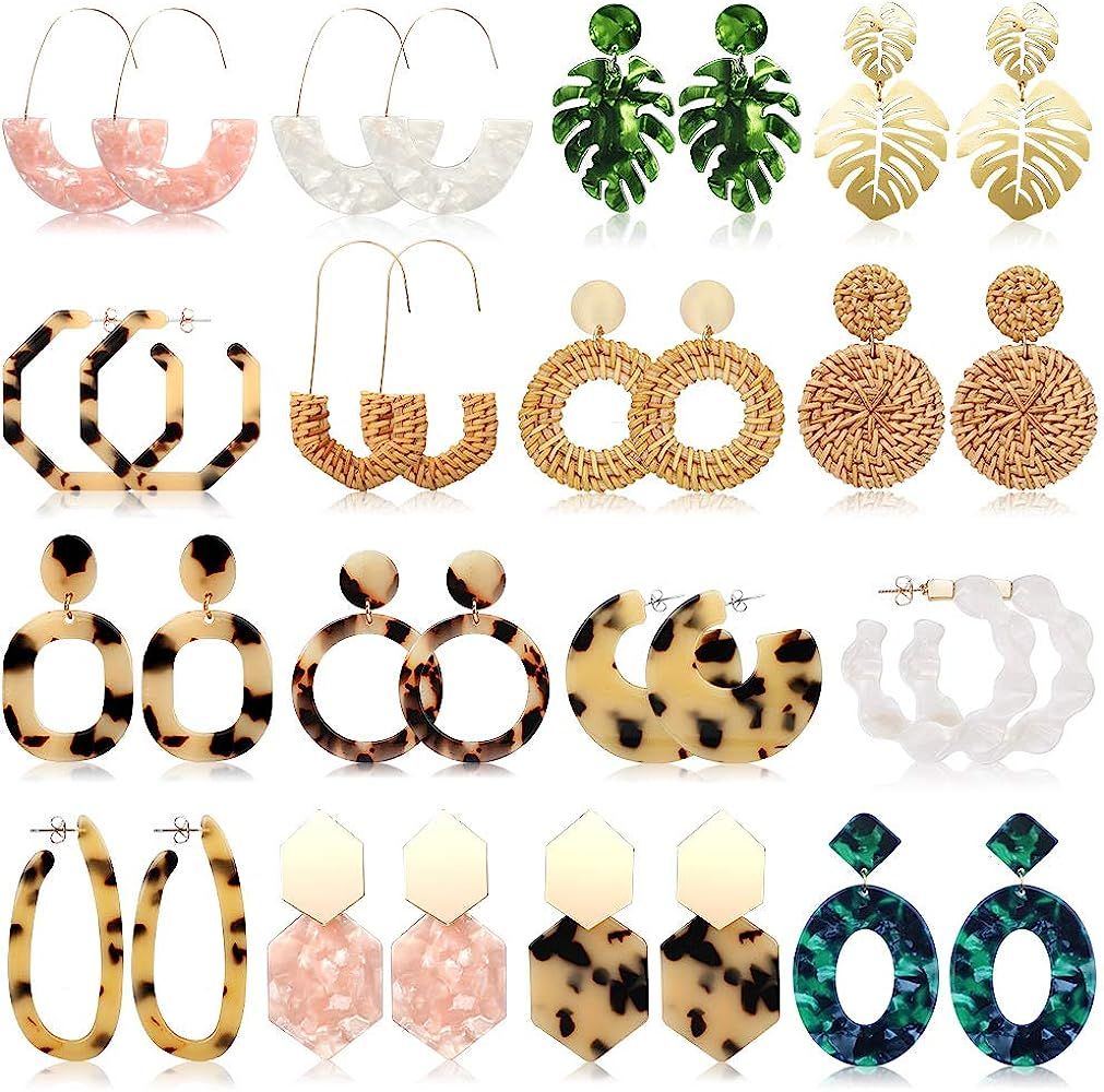 16 Pairs Statement Rattan Earrings for Womens Fun Acrylic Resin Earrings Trendy Bohemian Fashion ... | Amazon (US)