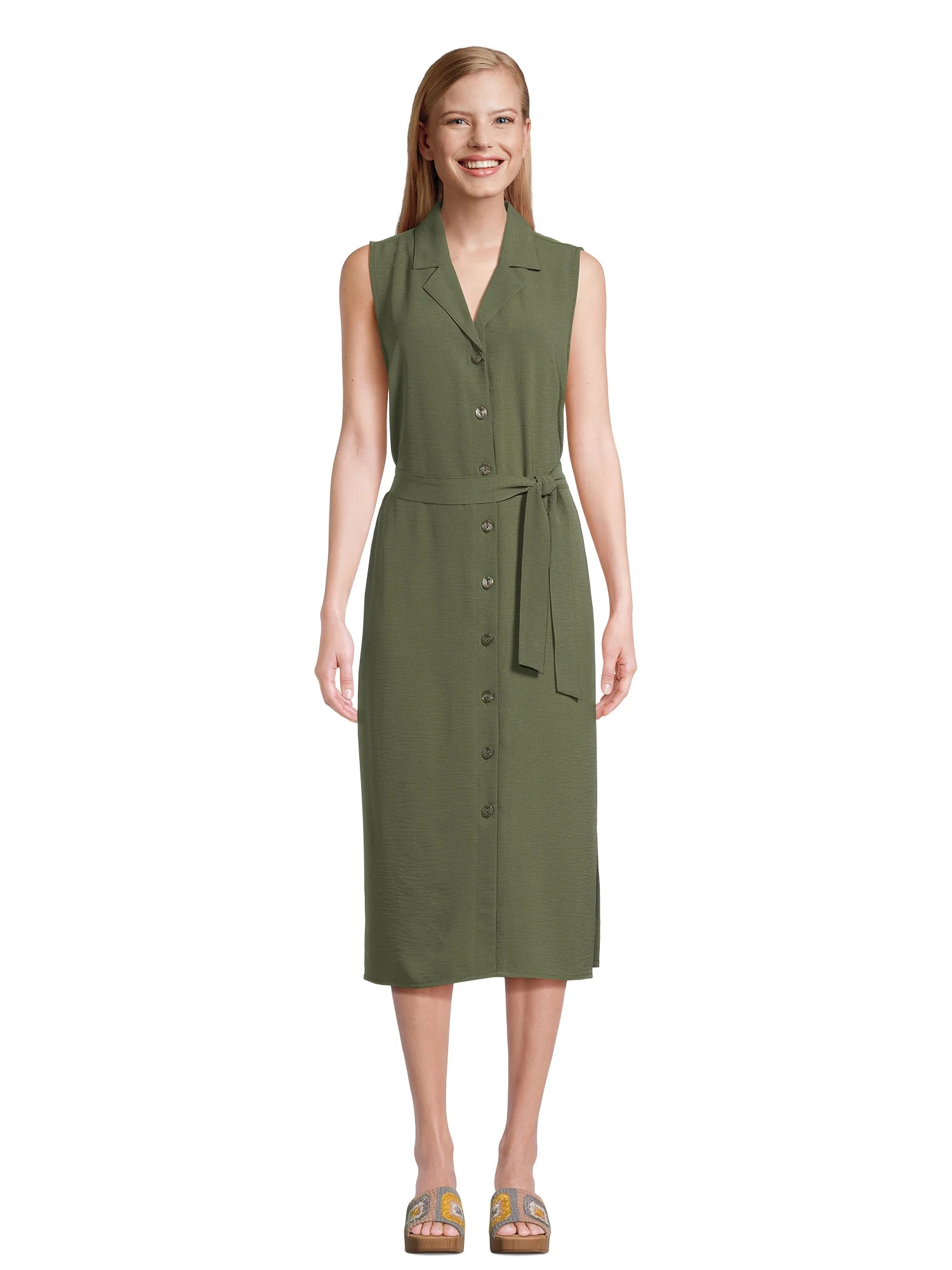 Time and Tru Women's and Women's Plus Button Down Shirt Dress with Belt, Sizes XS-4X | Walmart (US)