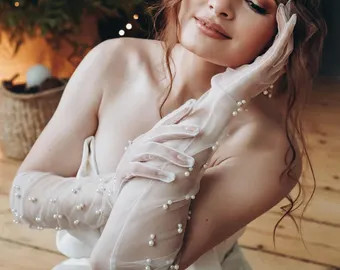 White Gloves, Long White Tulle Gloves With Pearls, White Wedding Gloves, Bridal Gloves, Gloves fo... | Etsy (US)