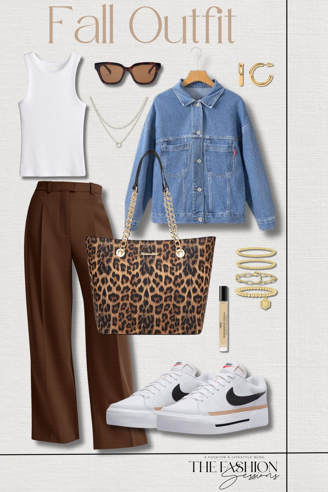 Transitional fall outfit 🍂
Denim jacket | brown trousers | leopard print tote | Nike Court Legacy Lift Shoes | early fall outfit | casual outfit | shopping outfit | elevated casual

#LTKSeasonal #LTKStyleTip #LTKFindsUnder50