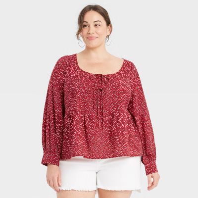 Women's Plus Size Long Sleeve U-Neck Tie Front Babydoll Blouse - Ava & Viv™ | Target