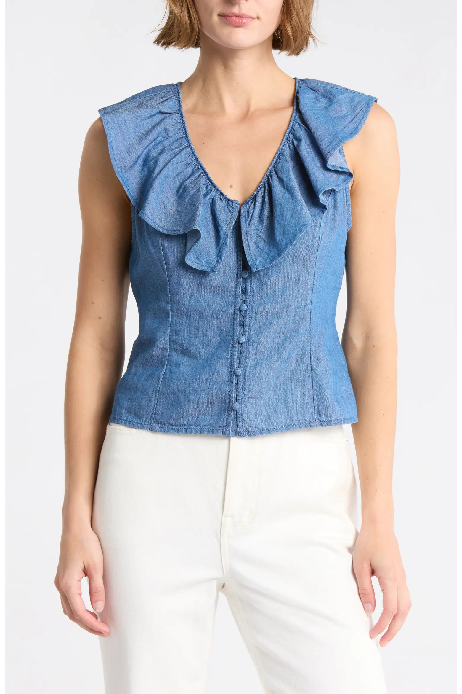 Melrose and Market Ruffle V-Neck Chambray Top (Women) | Nordstromrack | Nordstrom Rack