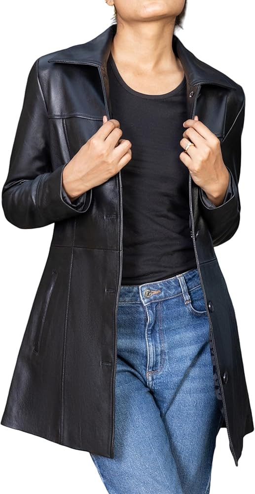 Jild Casual Car Coat Lambskin Leather Jacket Women – ¾ Length Blazer Overcoat Style Leather Lo... | Amazon (US)