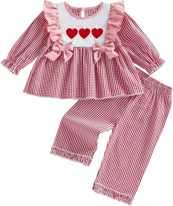 Toddler Girl Valentines Day Outfit Embroidery Ruffle Long Sleeve Tunic Dress Top Plaid Wide Leg P... | Amazon (US)