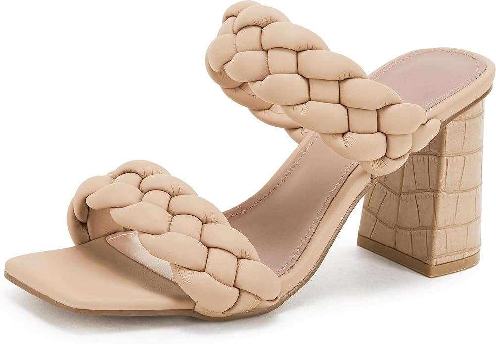 Syktkmx Women's Braided Heeled Sandals Backless Square Open Toe Block Slide Sandals | Amazon (US)