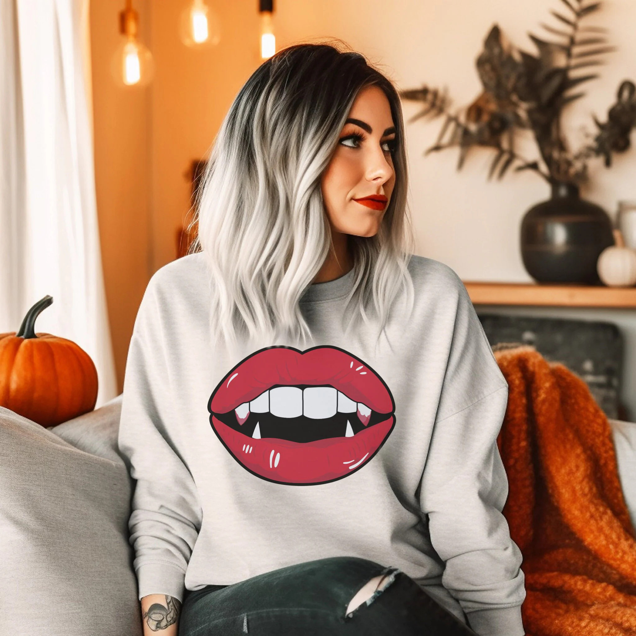 Vampire Lips Sweatshirt Halloween Shirt Vampire Kiss Fangs Crewneck Womens Halloween Costume Fall Graphic Sweatshirt Spooky Gift | Etsy (Global)